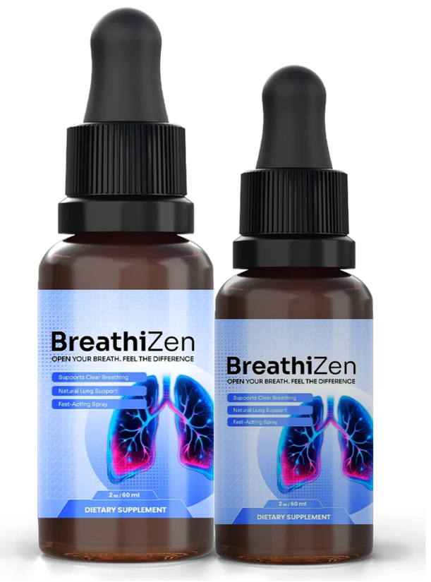Two bottles of BreathiZen liquid breathing support drops