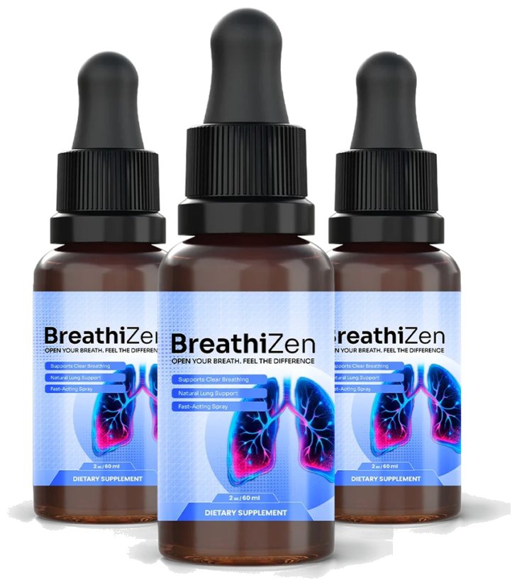 Three bottles of BreathiZen liquid breathing support drops